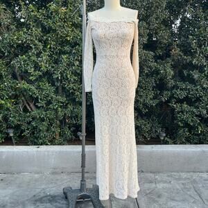 Vintage 90s Y2K Va Va Voom Nude Maxi Off Shoulder Dress USA Made Medium Fairy